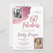 60と素晴らしいピンクのグリッター2写真60誕生日 招待状 (正面)