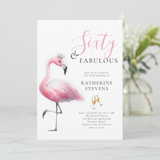 60と素晴らしいピンクフラミンゴティアラ60誕生日 招待状 (スタンド正面)