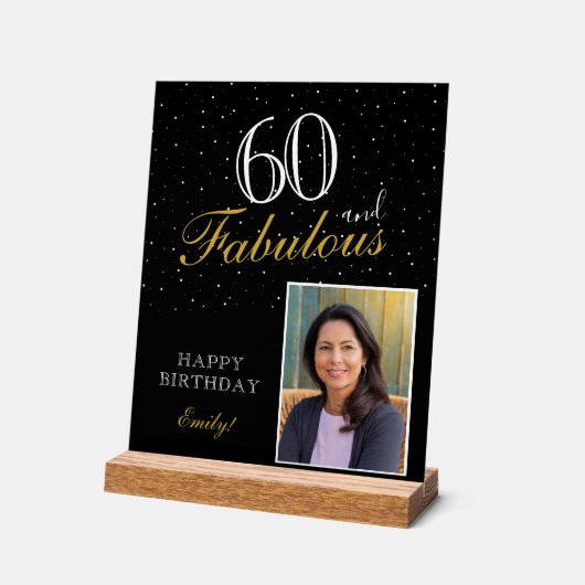 60と素晴らしいブラックエレガント誕生日写真 アクリルサイン (傾斜)