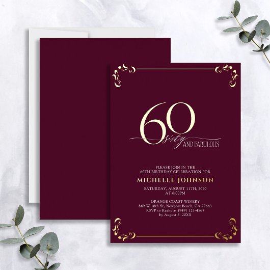 60と素晴らしいブルゴーニュ&金ゴールド書道誕生日 箔招待状