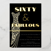 60と素晴らしいヴィンテージドレス金ゴールド60誕生日 箔招待状 (正面)