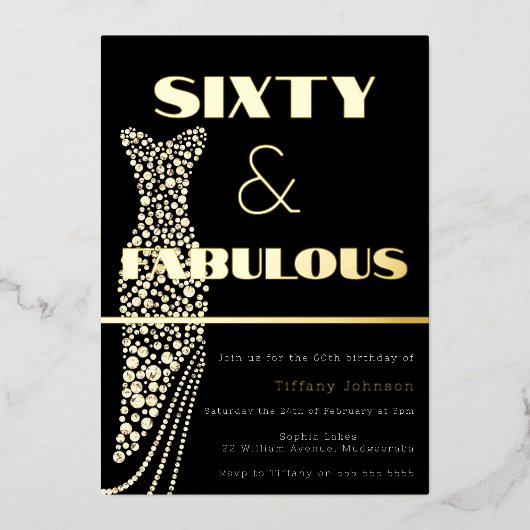 60と素晴らしいヴィンテージドレス金ゴールド60誕生日 箔招待状 (正面)