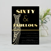 60と素晴らしいヴィンテージドレス金ゴールド60誕生日 箔招待状 (立ち正面)