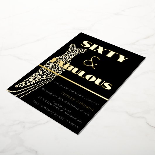 60と素晴らしいヴィンテージドレス金ゴールド60誕生日 箔招待状 (回転した状態)
