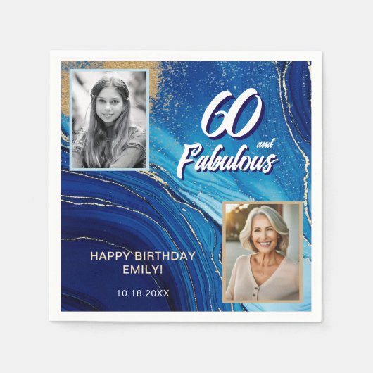 60と素晴らしい大理石グリッター2フォト誕生日 スタンダードカクテルナプキン (正面)
