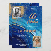 60と素晴らしい大理石グリッター2フォト誕生日 招待状 (正面/裏面)