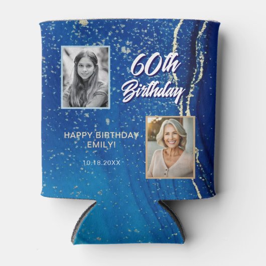 60と素晴らしい大理石グリッター2フォト誕生日 缶クーラー (正面)