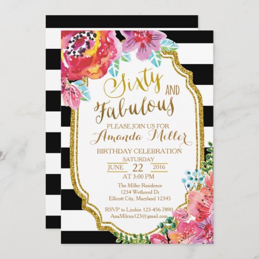 60と素晴らしい水カラー誕生日招待状 招待状 (正面/裏面)