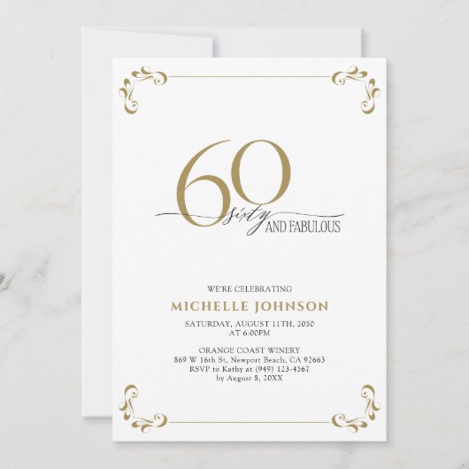 60と素晴らしい白黒と金ゴールド誕生日 招待状 (正面)