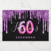 60と素晴らしい誕生日グリッター紫の黒いガラス スパークリングワインラベル (シングルラベル)