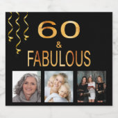 60と素晴らしい誕生日フォトコラージュブラック金ゴールド スパークリングワインラベル (シングルラベル)