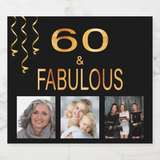 60と素晴らしい誕生日フォトコラージュブラック金ゴールド スパークリングワインラベル (シングルラベル)