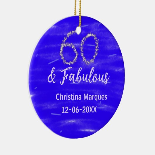 60と素晴らしい誕生日ブルーシルバー追加の日付 セラミックオーナメント (右)