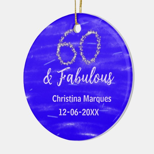 60と素晴らしい誕生日ブルーシルバー追加の日付 セラミックオーナメント (左)