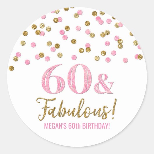 60と素晴らしい誕生日金ゴールドピンク紙吹雪 ラウンドシール (正面)