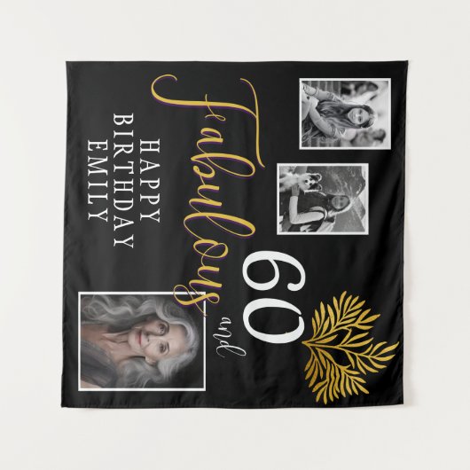 60と素晴らしい金ゴールドの葉3写真誕生日 タペストリー (正面(横))