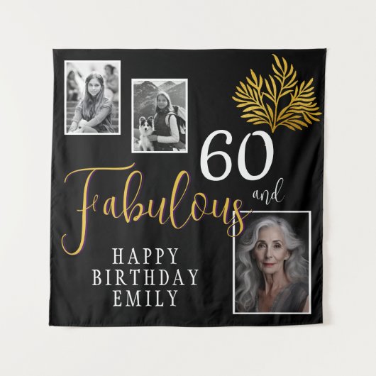 60と素晴らしい金ゴールドの葉3写真誕生日 タペストリー (正面)