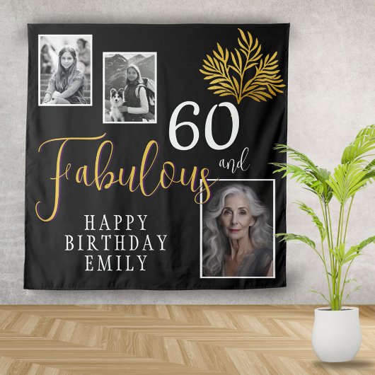 60と素晴らしい金ゴールドの葉3写真誕生日 タペストリー