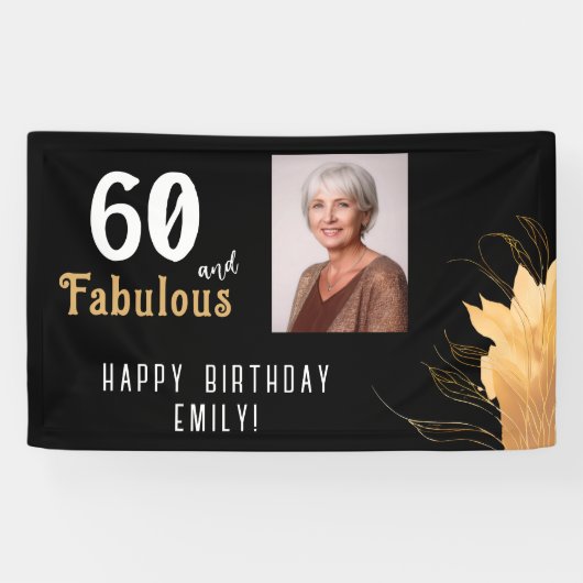 60と素晴らしい金ゴールドの葉60th誕生日写真 横断幕 (横)