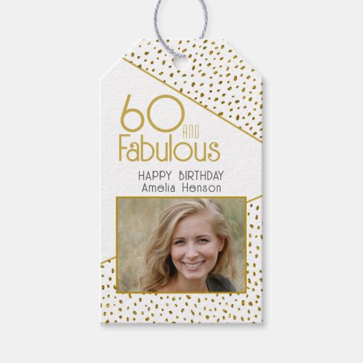 60と素晴らしい金ゴールドグリッター写真60誕生日 ギフトタグ (正面)