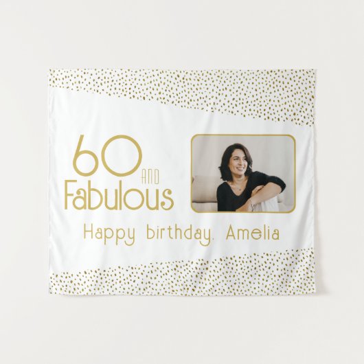 60と素晴らしい金ゴールドグリッター写真60誕生日 タペストリー (正面(横))