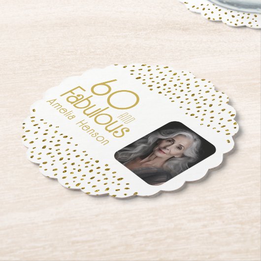 60と素晴らしい金ゴールドグリッター写真60誕生日 ペーパーコースター (アングル)