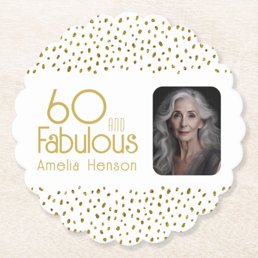 60と素晴らしい金ゴールドグリッター写真60誕生日 ペーパーコースター (正面)