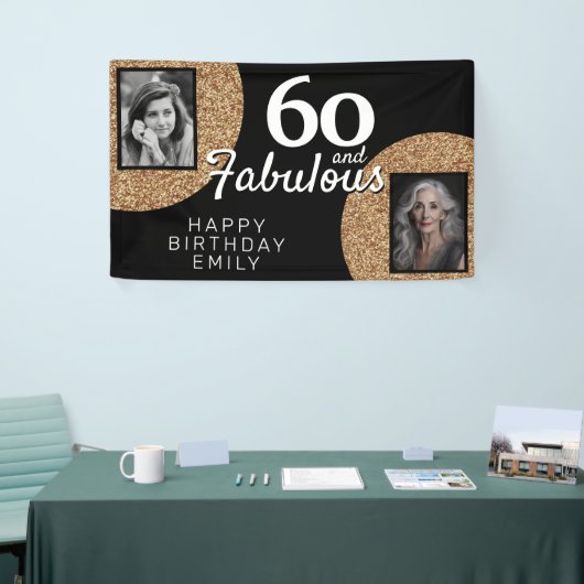 60と素晴らしい金ゴールドグリッター2写真誕生日 横断幕 (トレードショー)