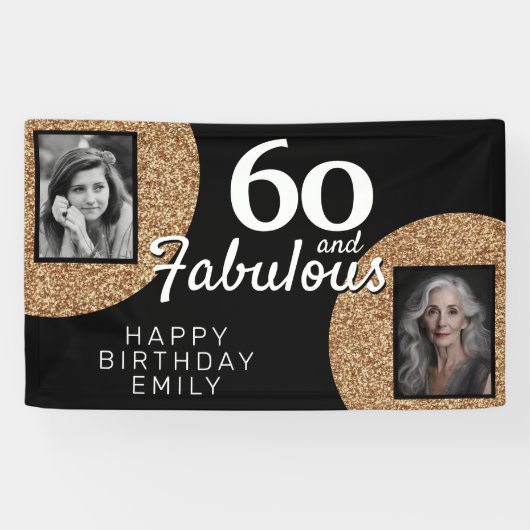 60と素晴らしい金ゴールドグリッター2写真誕生日 横断幕 (横)