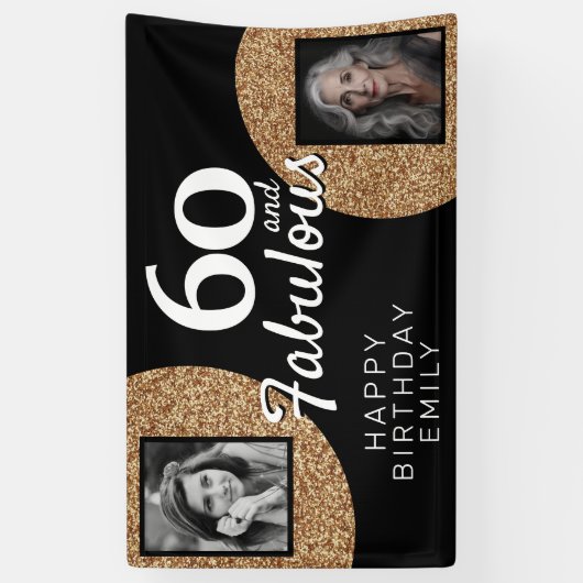 60と素晴らしい金ゴールドグリッター2写真誕生日 横断幕 (縦)