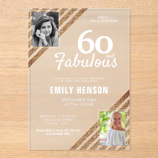 60と素晴らしい金ゴールドグリッター2写真60誕生日 アクリル招待状 (正面)
