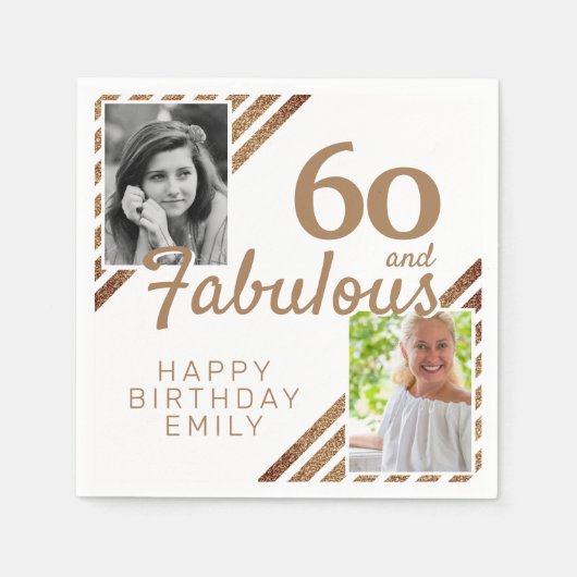 60と素晴らしい金ゴールドグリッター2写真60誕生日 スタンダードカクテルナプキン (正面)
