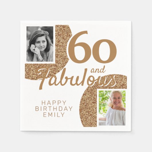 60と素晴らしい金ゴールドグリッター2写真60誕生日 スタンダードカクテルナプキン (正面)