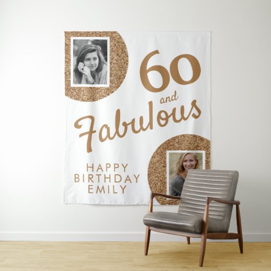 60と素晴らしい金ゴールドグリッター2写真60誕生日 タペストリー (インサイチュ)
