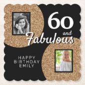 60と素晴らしい金ゴールドグリッター2写真60誕生日 ペーパーコースター (正面)