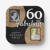 60と素晴らしい金ゴールドグリッター2写真60誕生日 ペーパープレート (正面)