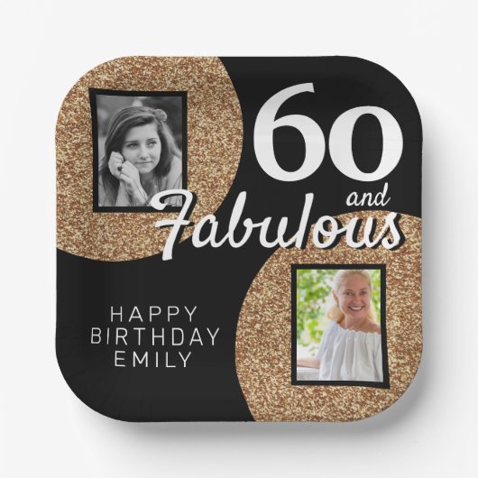 60と素晴らしい金ゴールドグリッター2写真60誕生日 ペーパープレート (正面)