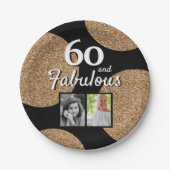 60と素晴らしい金ゴールドグリッター2写真60誕生日 ペーパープレート (正面)