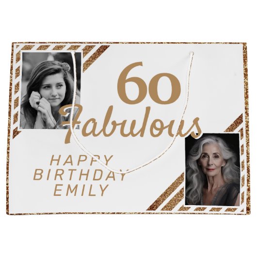 60と素晴らしい金ゴールドグリッター2写真60誕生日 ラージペーパーバッグ