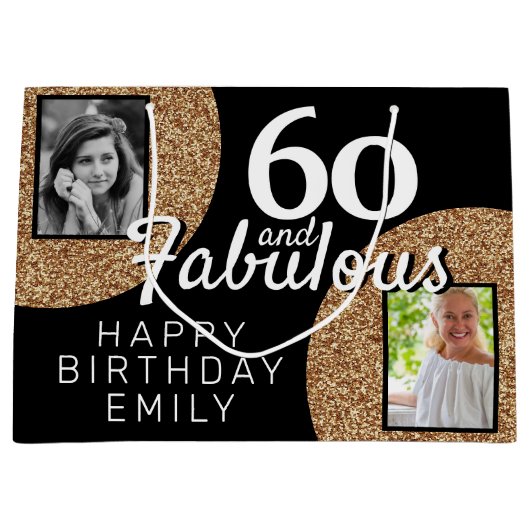 60と素晴らしい金ゴールドグリッター2写真60誕生日 ラージペーパーバッグ (正面)