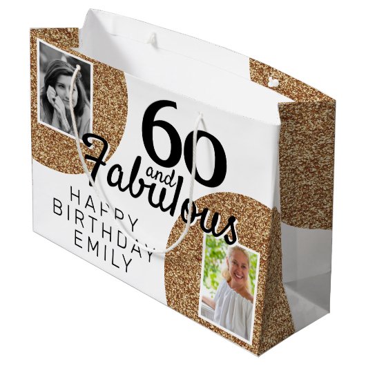 60と素晴らしい金ゴールドグリッター2写真60誕生日 ラージペーパーバッグ (裏面アングル)
