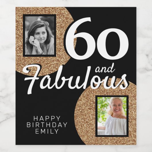 60と素晴らしい金ゴールドグリッター2写真60誕生日 ワインラベル (シングルラベル)