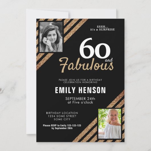 60と素晴らしい金ゴールドグリッター2写真60誕生日 招待状 (正面)