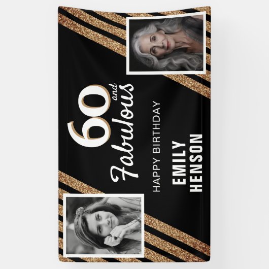60と素晴らしい金ゴールドグリッター2写真60誕生日 横断幕 (縦)