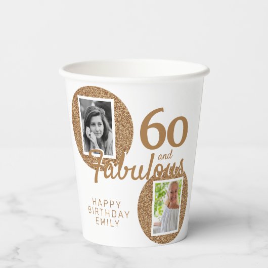 60と素晴らしい金ゴールドグリッター2写真60誕生日 紙コップ (裏面)