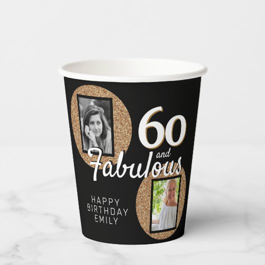 60と素晴らしい金ゴールドグリッター2写真60誕生日 紙コップ (裏面)