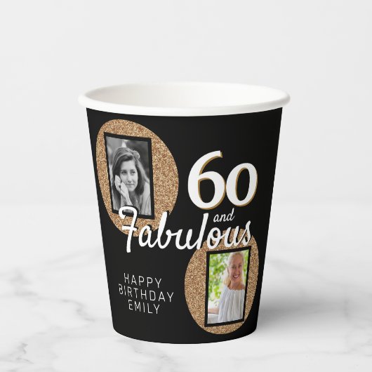 60と素晴らしい金ゴールドグリッター2写真60誕生日 紙コップ (正面)