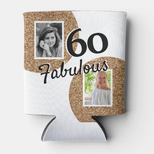 60と素晴らしい金ゴールドグリッター2写真60誕生日 缶クーラー (正面)