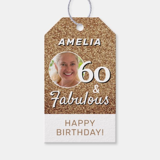 60と素晴らしい金ゴールドグリッター60th誕生日写真 ギフトタグ (正面)