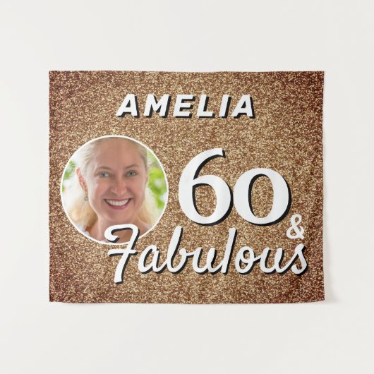 60と素晴らしい金ゴールドグリッター60th誕生日写真 タペストリー (正面(横))
